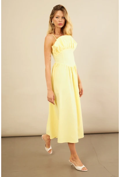 Kadın Sarı Volanlı Midi Elbise MİL4856