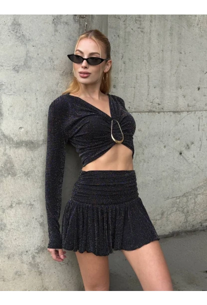 Kadın Simli Aksesuar Detay Crop Bluz