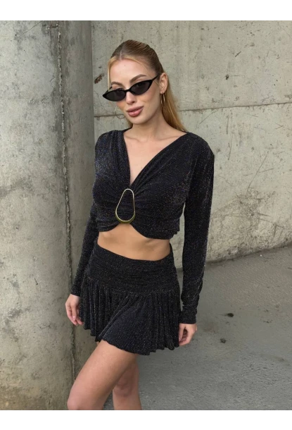 Kadın Simli Aksesuar Detay Crop Bluz