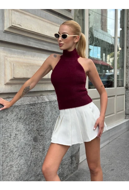 Kadın Sırt Açık Balıkçı Yaka Yumoş Crop Bluz