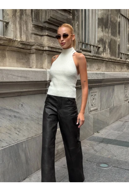 Kadın Sırt Açık Balıkçı Yaka Yumoş Crop Bluz