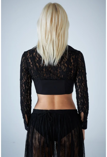 Kadın Siyah Ağraf Kapamalı Gloplu Dantel Bluz HO59