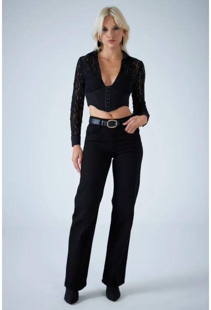 Kadın Siyah Agraflı Crop Bluz KM500