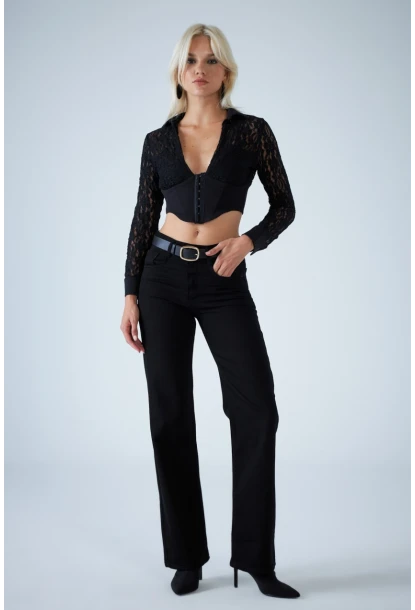 Kadın Siyah Agraflı Crop Bluz KM500