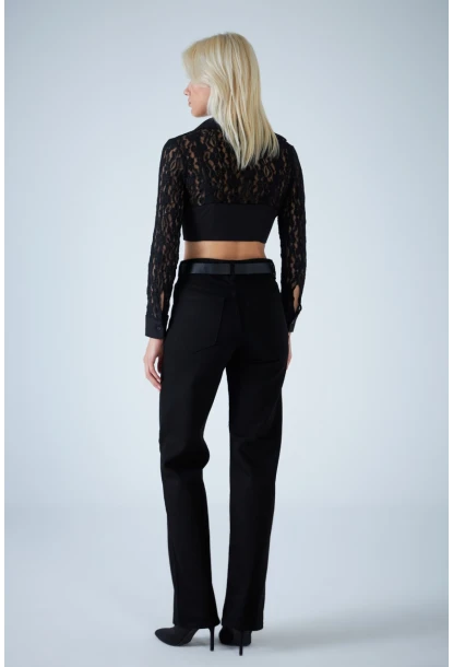 Kadın Siyah Agraflı Crop Bluz KM500