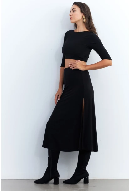 Kadın Siyah Alt Üst Crop Etek Takım ELT3844