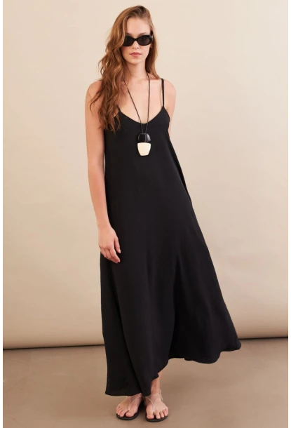 Kadın Siyah Askılı Çan Midaxi Elbise OPS9005