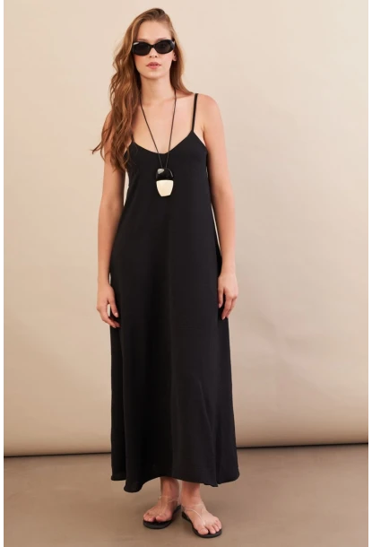 Kadın Siyah Askılı Çan Midaxi Elbise OPS9005