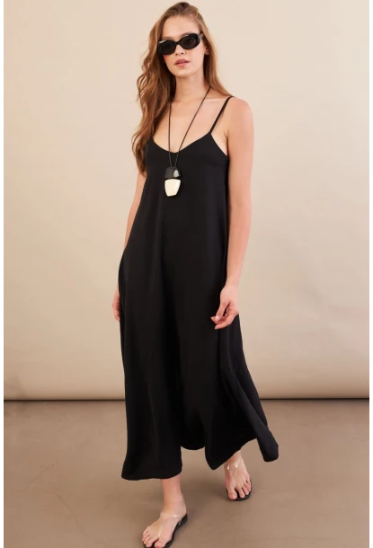 Kadın Siyah Askılı Çan Midaxi Elbise OPS9005