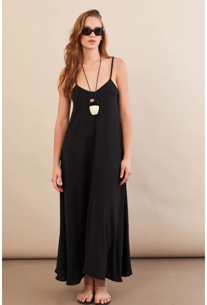 Kadın Siyah Askılı Çan Midaxi Elbise OPS9005