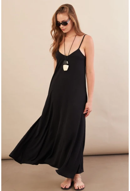 Kadın Siyah Askılı Çan Midaxi Elbise OPS9005