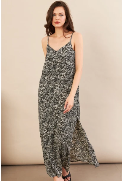 Kadın Siyah Askılı Desenli Krinkıl Midi Elbise AYD413