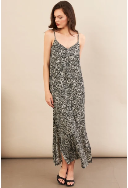 Kadın Siyah Askılı Desenli Krinkıl Midi Elbise AYD413