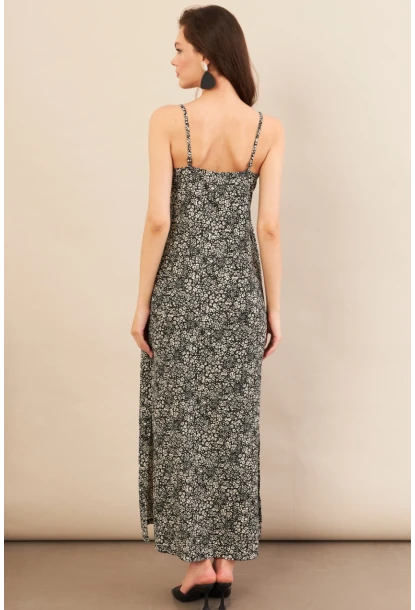 Kadın Siyah Askılı Desenli Krinkıl Midi Elbise AYD413