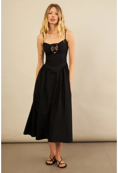 Kadın Siyah Askılı Detaylı Midi Elbise YEL221653