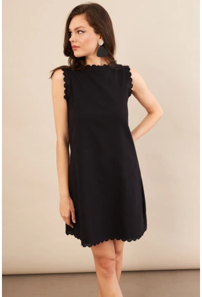 Kadın Siyah Astarlı Mini Keten Elbise AYD415