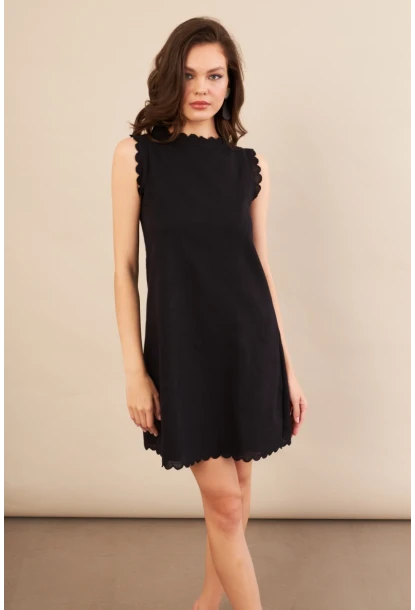 Kadın Siyah Astarlı Mini Keten Elbise AYD415