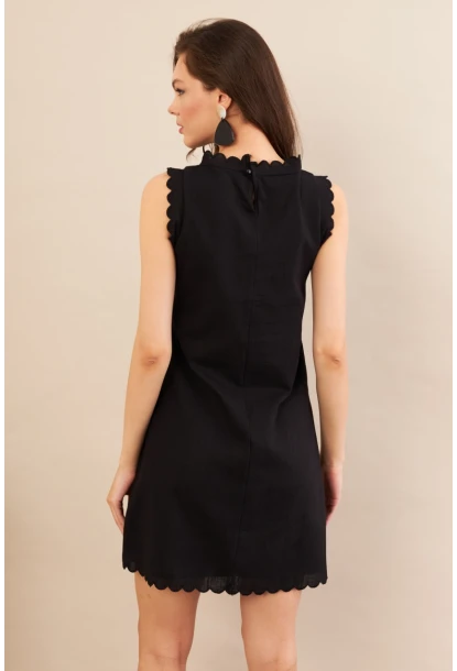 Kadın Siyah Astarlı Mini Keten Elbise AYD415
