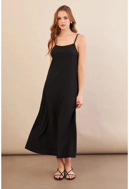 Kadın Siyah Ayarlanabilir Askılı Bürümcük Midi Elbise MX9455