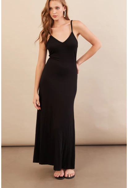 Kadın Siyah Ayarlanabilir Askılı Midaxi Elbise EY3115