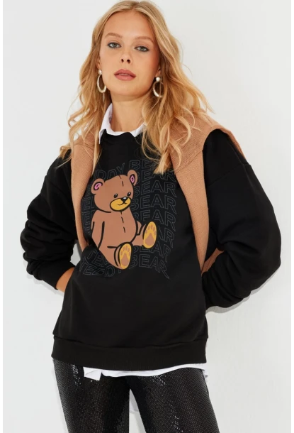 Kadın Siyah Ayıcık Baskılı Sweatshirt ZM288