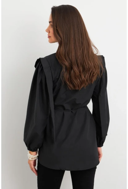 Kadın Siyah Bağlama Detaylı Basic Gömlek MASF185