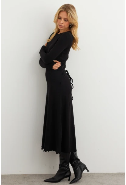 Kadın Siyah Bağlamalı Kaşkorse Midi Elbise COL2268