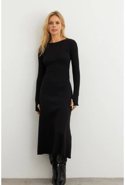 Kadın Siyah Bağlamalı Kaşkorse Midi Elbise COL2268