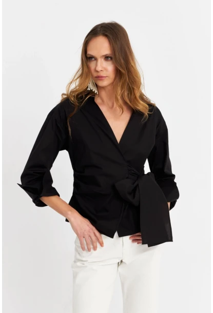Kadın Siyah Bağlamalı Kruvaze Gömlek MFS9792