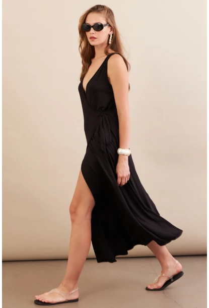 Kadın Siyah Bağlamalı Kruvaze Midi Elbise EY3107