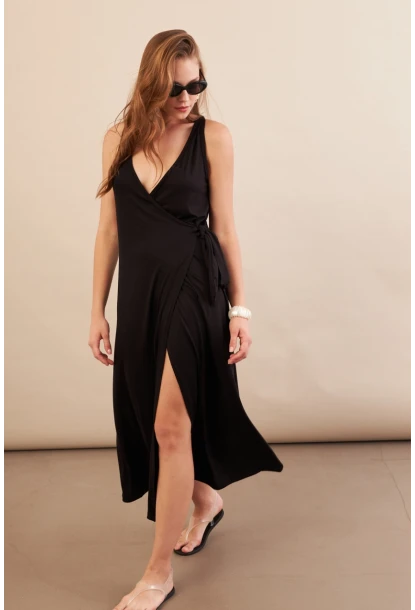 Kadın Siyah Bağlamalı Kruvaze Midi Elbise EY3107