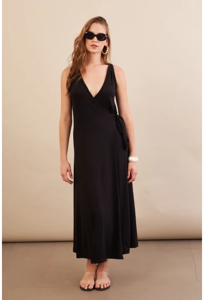 Kadın Siyah Bağlamalı Kruvaze Midi Elbise EY3107