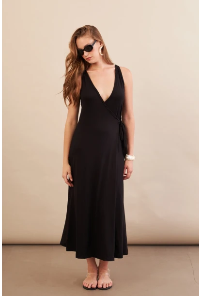 Kadın Siyah Bağlamalı Kruvaze Midi Elbise EY3107