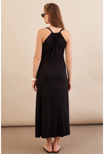 Kadın Siyah Bağlamalı Kruvaze Midi Elbise EY3107