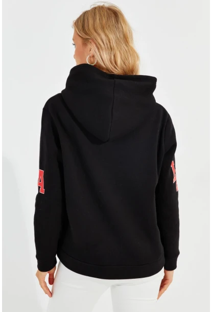 Kadın Siyah Baskılı Kapüşonlu Sweatshirt DA146