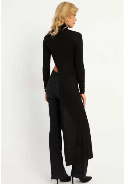 Kadın Siyah Beli Açık Asimetrik Balıkçı Uzun Bluz EY2902