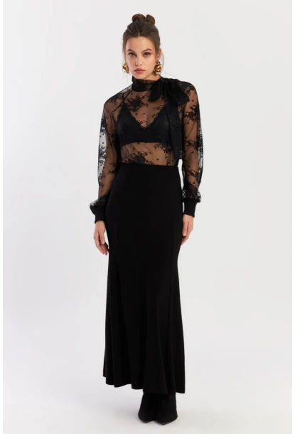 Kadın Siyah Beli Lastikli Evoze Maxi Etek EY2923