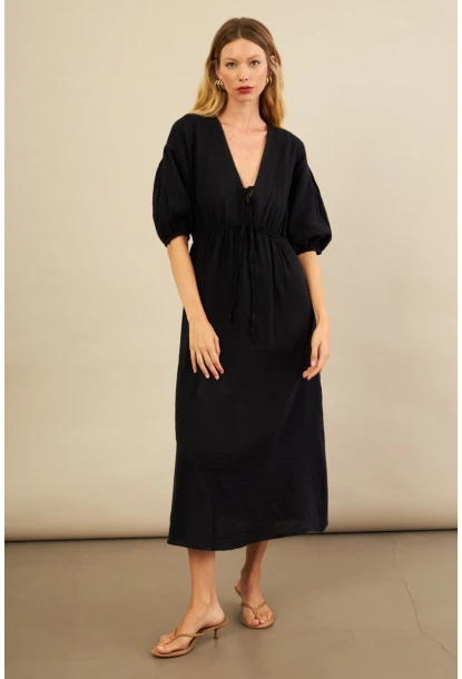 Kadın Siyah Beli Lastikli Midi Müslin Elbise FRO1001