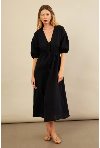 Kadın Siyah Beli Lastikli Midi Müslin Elbise FRO1001