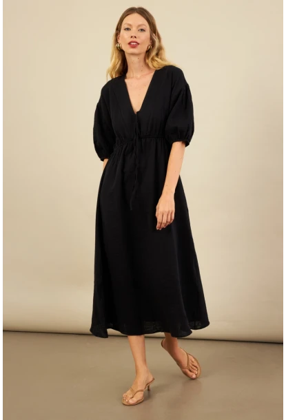 Kadın Siyah Beli Lastikli Midi Müslin Elbise FRO1001