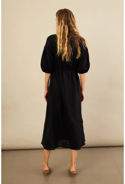 Kadın Siyah Beli Lastikli Midi Müslin Elbise FRO1001