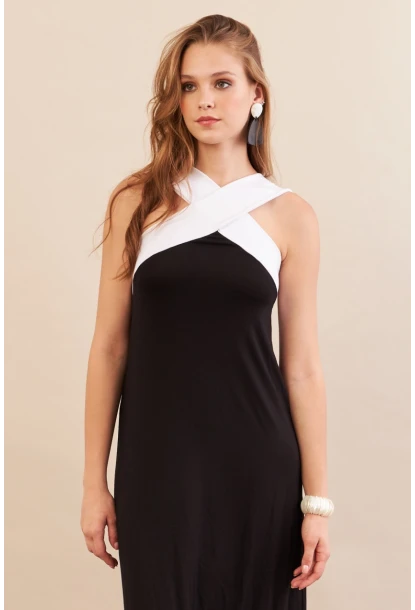 Kadın Siyah-Beyaz Çapraz Askılı Kontrast Midi Elbise EY3116