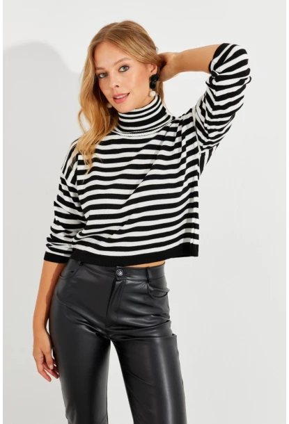 Kadın Siyah-Beyaz Çizgili Balıkçı Kısa Bluz YV201
