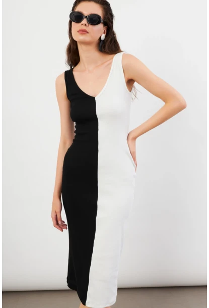 Kadın Siyah-Beyaz Color Block Kaşkorse Midi Elbise EY3126