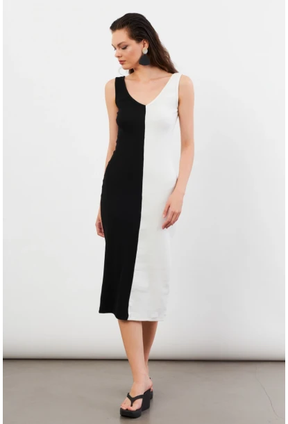 Kadın Siyah-Beyaz Color Block Kaşkorse Midi Elbise EY3126