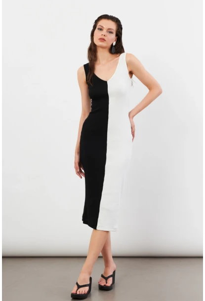 Kadın Siyah-Beyaz Color Block Kaşkorse Midi Elbise EY3126