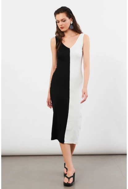 Kadın Siyah-Beyaz Color Block Kaşkorse Midi Elbise EY3126
