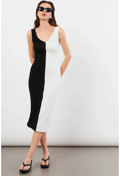 Kadın Siyah-Beyaz Color Block Kaşkorse Midi Elbise EY3126
