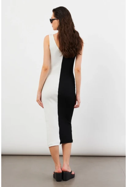 Kadın Siyah-Beyaz Color Block Kaşkorse Midi Elbise EY3126