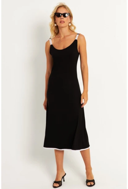 Kadın Siyah-Beyaz Kontrast Midi Elbise ST057